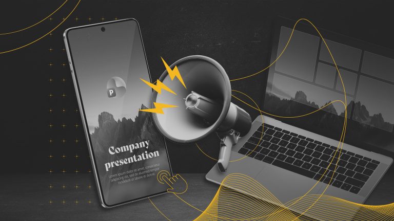 Ett monokromt kollage med gula abstrakta detaljer. En megafon, en smartphone och en bärbar dator